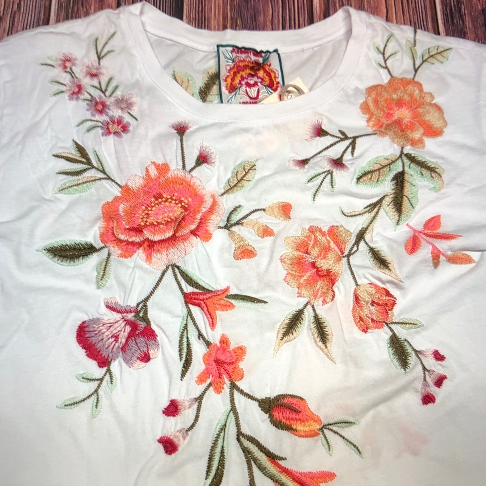 Johnny Was White Long Sleeve Top with Orange & Pink Floral Embroidery - Picture 2 of 5